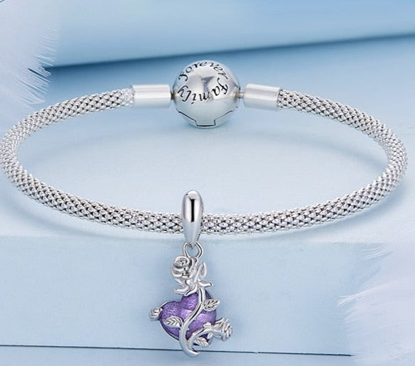 PURPLE HEART & ROSE DANGLE CHARM