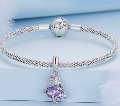 PURPLE HEART & ROSE DANGLE CHARM